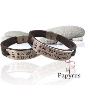 Personalized leather bracelets for couples, Unisex engraved couple bracelets, GPS coordinates bracelet, Men’s accessory, Id name bracelet
