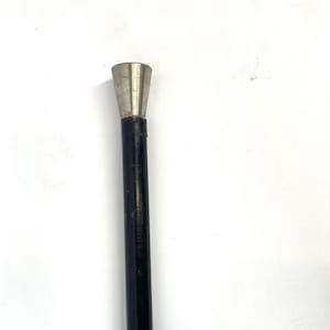 以下が含まれることがあります： 銀色の金属製のハンドルが付いた黒い杖。ハンドルは円錐形で、細いベースに先細りになっています。杖のシャフトは濃い無地です。