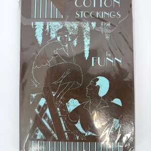 May include: A brown package of cotton stockings with teal illustrations and text. The packaging features an art deco design with the words "COTTON STOCKINGS by FUNN".