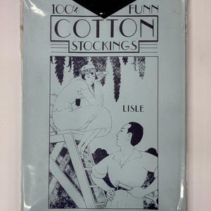 May include: A vintage-style illustration of a woman on a ladder and a man holding a hammer. The text on the package reads "100% Cotton Stockings Lisle Funn".