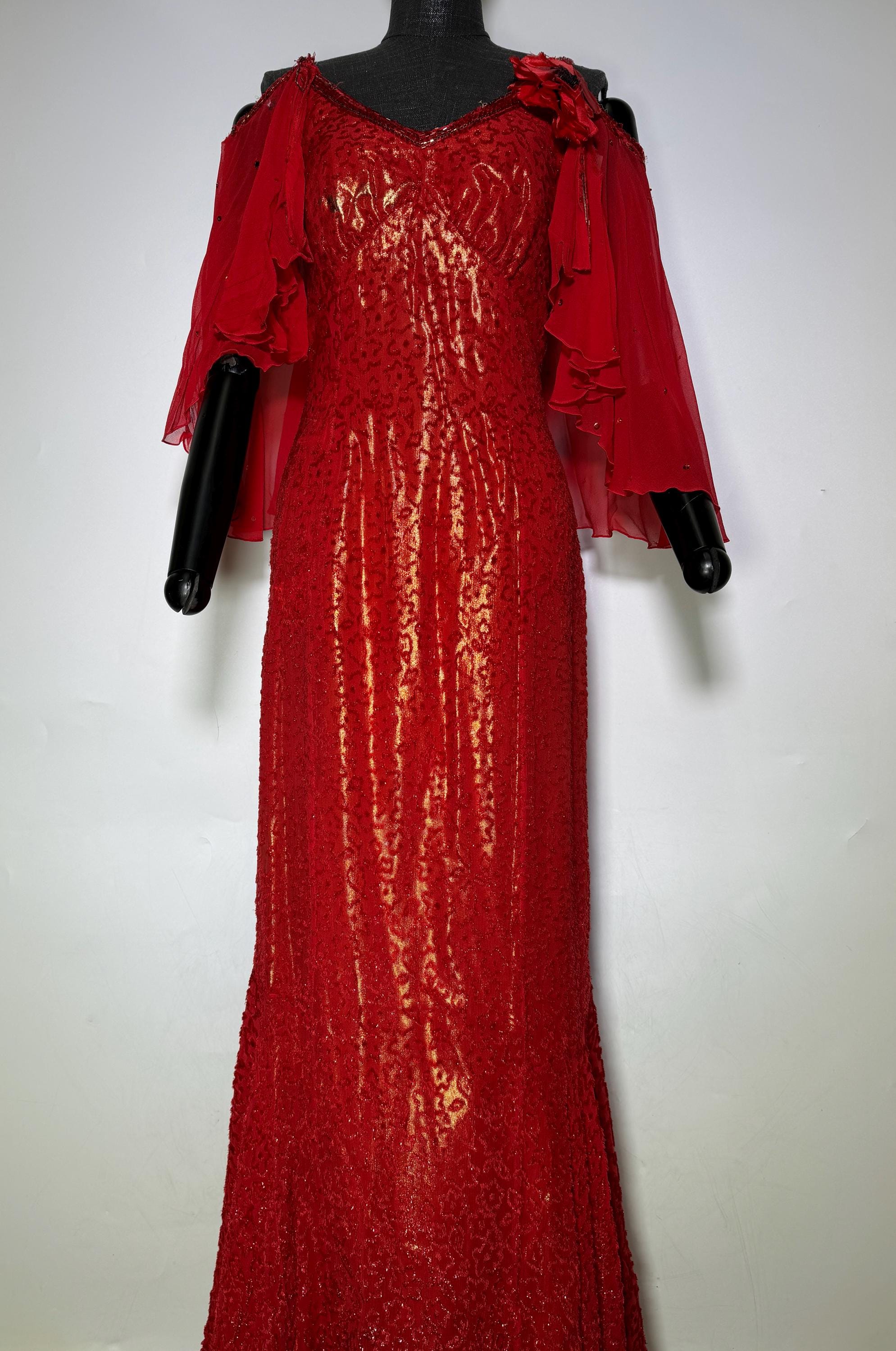 Red Long Sleeve Dress with Gold Studs and Ruffled Hem