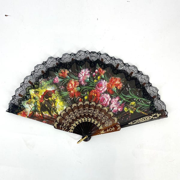 Hand Fan, Black with Flowers