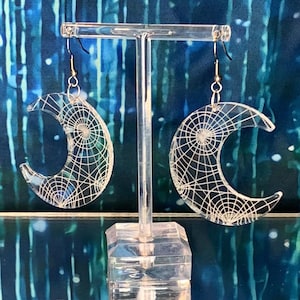 Spiderweb crescent moon earrings | spiderwebs spider spiders moons cobweb cobwebs Halloween spooky witchy goth