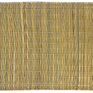 May include: A woven placemat with a natural straw texture and yellow fringe trim. The placemat is rectangular and has a woven pattern.