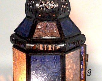 Hand Pierced Moroccan Candle Holder – Antique Brass & Coloured   Glass Lantern