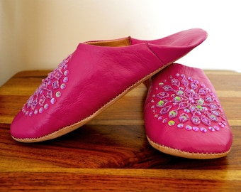 Women's Leather Moroccan  Slippers - Sequins Design, Light Fuchsia -