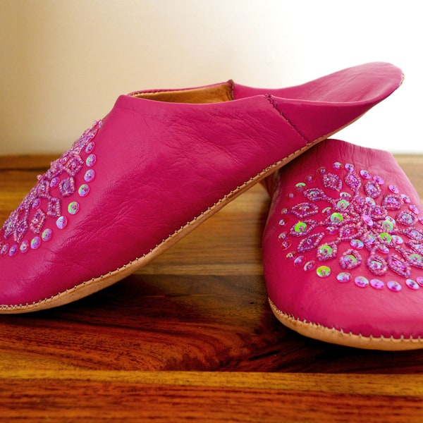 Women's Leather Moroccan  Slippers - Sequins Design, Light Fuchsia -