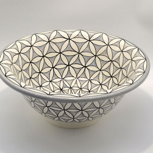 May include: A ceramic bowl with a gray rim and a white and gray floral pattern. The bowl's interior and exterior feature a repeating geometric design. The bowl is a light cream color on the bottom.