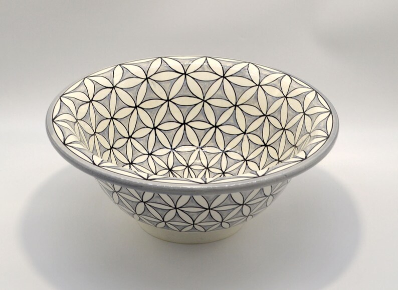 May include: A ceramic bowl with a gray rim and a white and gray floral pattern. The bowl's interior and exterior feature a repeating geometric design. The bowl is a light cream color on the bottom.