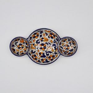 Handmade Moroccan round triple meze dishes for nibbles, snacks, tapas and olive from Fez, Baroque in Amber design image 2