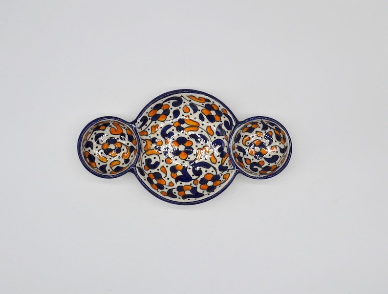 Handmade Moroccan round triple meze dishes for nibbles, snacks, tapas and olive from Fez, Baroque in Amber design image 2