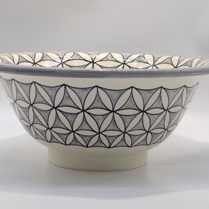 May include: A ceramic bowl with a wide rim and a footed base. The off-white bowl features a repeating geometric pattern in gray and black. The rim is a solid gray color.