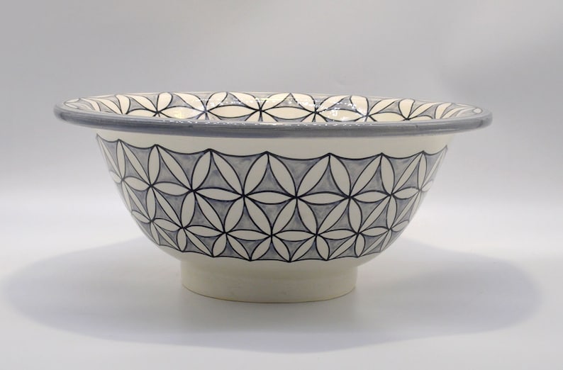 May include: A ceramic bowl with a wide rim and a footed base. The off-white bowl features a repeating geometric pattern in gray and black. The rim is a solid gray color.