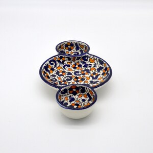 Handmade Moroccan round triple meze dishes for nibbles, snacks, tapas and olive from Fez, Baroque in Amber design image 1