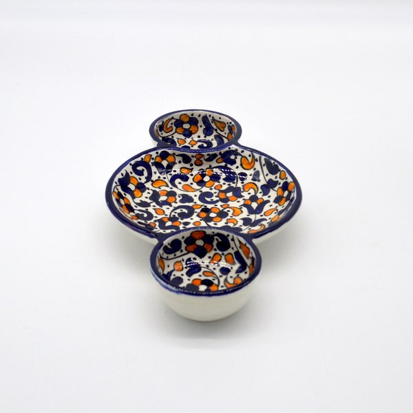 Handmade Moroccan round triple meze dishes for nibbles, snacks, tapas and olive from Fez, Baroque in Amber design