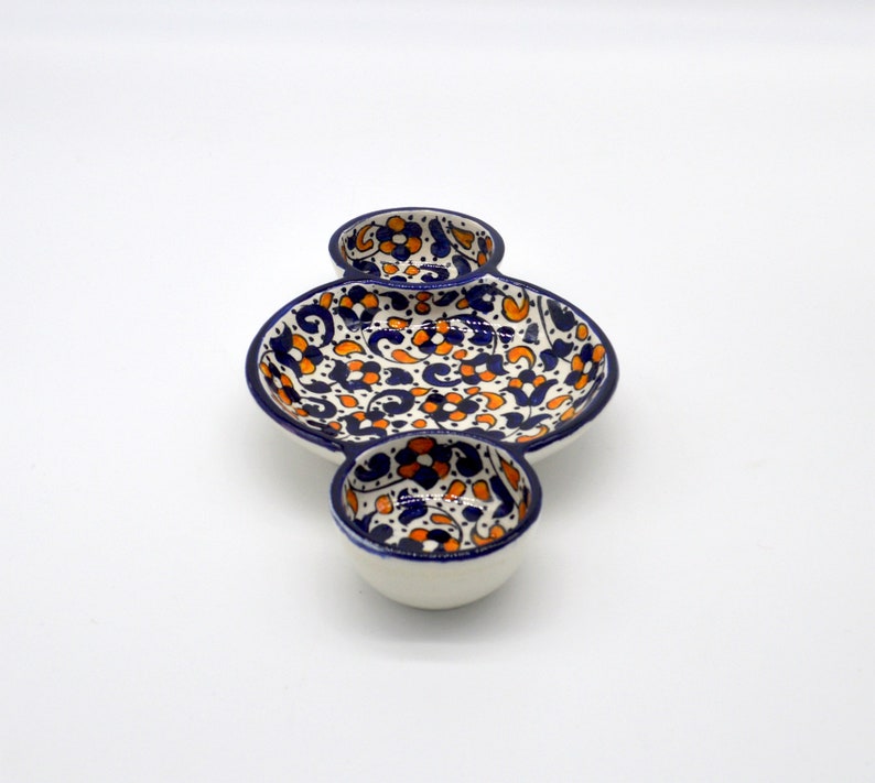 Handmade Moroccan round triple meze dishes for nibbles, snacks, tapas and olive from Fez, Baroque in Amber design image 1