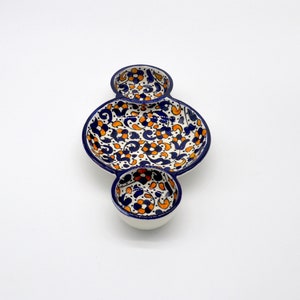 Handmade Moroccan round triple meze dishes for nibbles, snacks, tapas and olive from Fez, Baroque in Amber design image 3