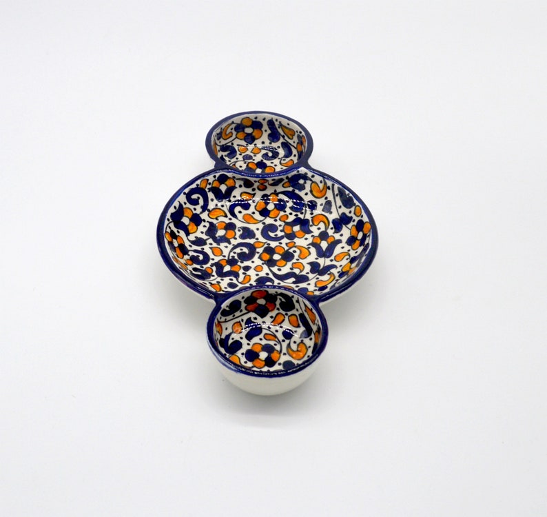 Handmade Moroccan round triple meze dishes for nibbles, snacks, tapas and olive from Fez, Baroque in Amber design image 3