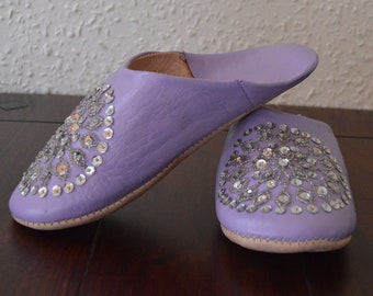 Women's Leather Moroccan  Slippers - Sequins Design, Lilac