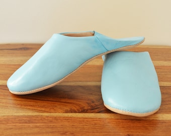 Women's Leather Moroccan  Slippers - plain rounded, Sky light blue