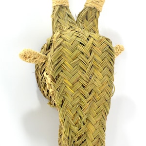 May include: A woven wall hanging in the shape of a giraffe's head, made from natural materials such as straw and grasses. The giraffe's head is brown and green, with a woven texture. The giraffe's ears are long and pointed, and its eyes are small and black.