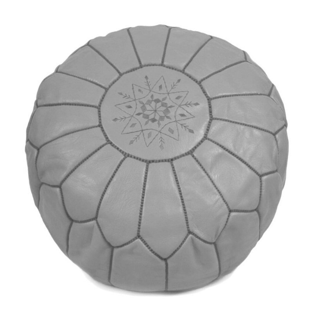 Moroccan Leather Pouffe With Hand Embroidery Stitching Light Grey