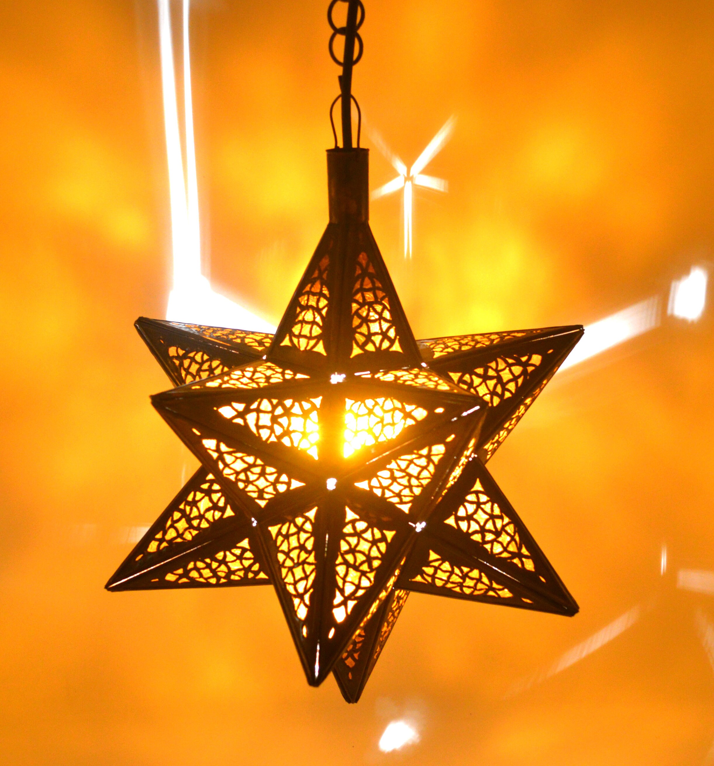 Antique Brass Moroccan Star Lantern – Hand Pierced Amber Glass - Etsy