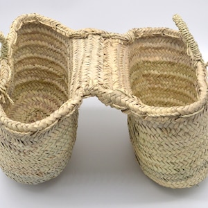 Moroccan Hand-woven double basket with 2 rope handles - Natural palm leaves weave  W50 Ø30x2 H25 cm