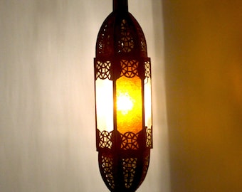 Moroccan Ceiling Lantern Tube - Amber & Clear Glass - H50 Ø14 cm