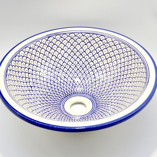 Hand Painted Moroccan Ceramic Sink – Blue Fish Scale Pattern