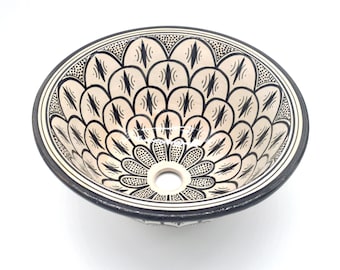 Hand-Painted Moroccan Ceramic Sink: Black and White Safi Design