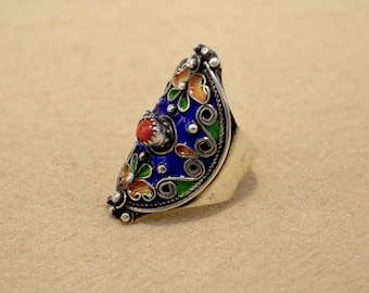Blue enamelled Handcrafted Moroccan Berber Touareg pure solid silver ring - Various sizes