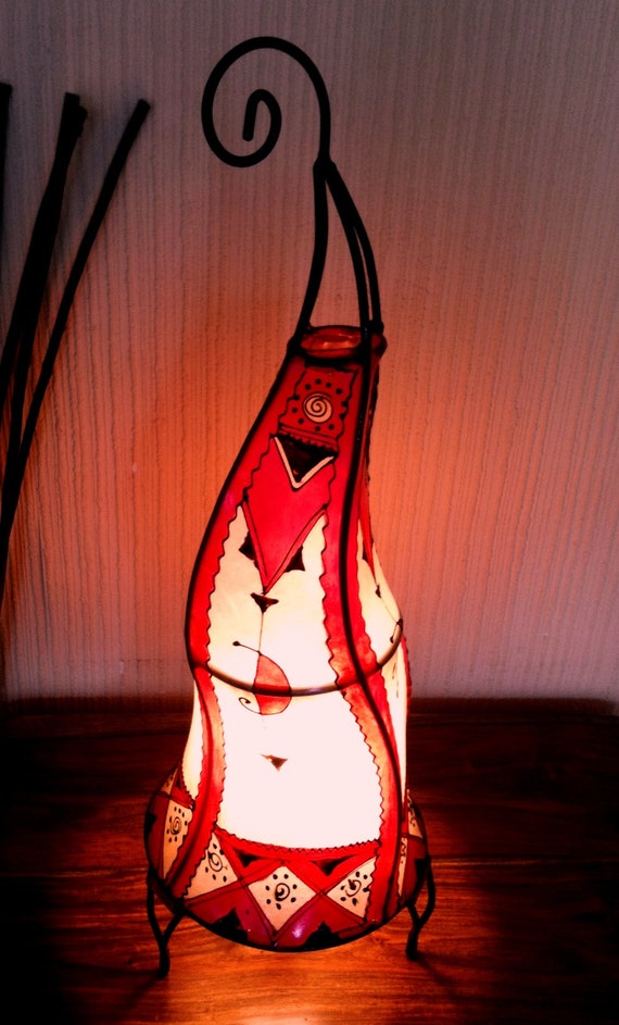 Painted Moroccan Henna Table floor Lamp Round shape Red Cream 60 CM