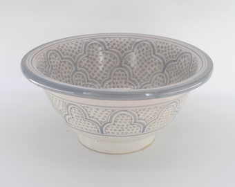 Hand-Painted Moroccan Ceramic Sink – Light Grey Safi Design, Round Basin