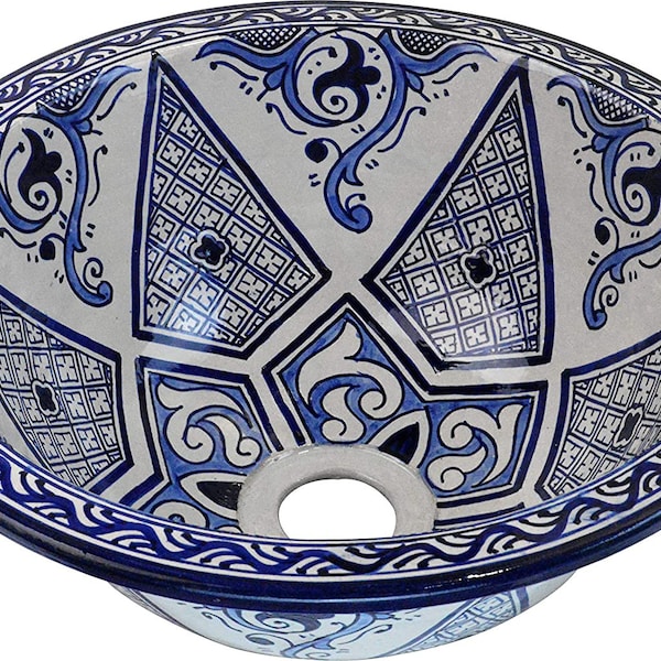 Chefchaouen Ceramic Hand Painted Moroccan Bathroom Sink Basin - Round, Painted Inside Out