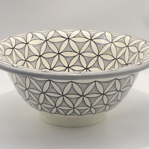 May include: A ceramic bowl with a gray and white floral pattern. The bowl has a wide rim and a footed base. The floral design is repeated around the exterior of the bowl. The rim and base are a solid gray color.