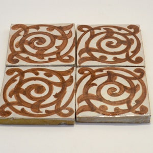 Brown Andaluz, set of 4 Moroccan glazed and hand painted ceramic wall and floor tiles, indoor and outdoor, 10 x 10 cm - brown floral design