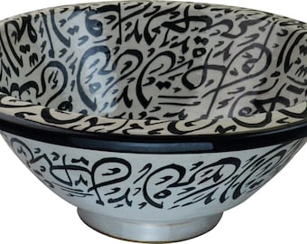 Hand Painted Moroccan Ceramic Sink – Black & White Calligraphy Basin