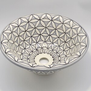 May include: Oval ceramic sink with a floral pattern in black, white, and gray. The sink has a light gray rim and a central drain hole. The design features a repeating geometric flower motif, creating a decorative and functional bathroom fixture.
