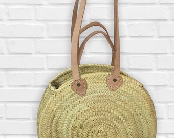 Hand Woven Round Moroccan Palm Leaf Basket – twin Leather Handles, Market Tote