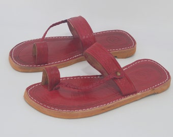 Natural genuine Moroccan flipflop sandals leather - red design -