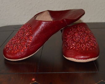 Women's Leather Moroccan  Slippers - Sequins Design, Red Bordeaux