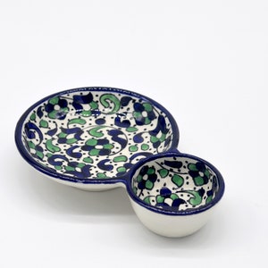 Handmade Moroccan round double meze dishes for nibbles, snacks, tapas and olives from Fez baroque green and blue design