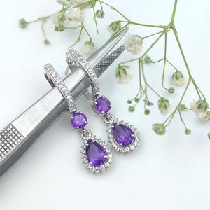 925 silver Amethyst Dangle Drop Earrings, Amethyst Earrings, Sterling Silver Stud Anniversary engagement Gift for her Amethyst Lever back