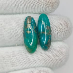 Può includere: Due cabochon di forma ovale con una finitura liscia e lucida. Le pietre sono di un vibrante colore blu turchese e presentano distinte inclusioni metalliche color argento sparse sulle loro superfici.