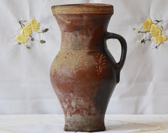 Large primitive clay vessel. Wabi sabi pottery tall vase. Antique terracotta plant pot.