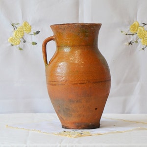 Large primitive clay vessel. Wabi sabi pottery tall vase. Antique terracotta plant pot.