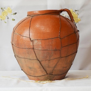 large antique clay vessel. Rustic terracotta planer pot. Wabi sabi pottery indoor planter.