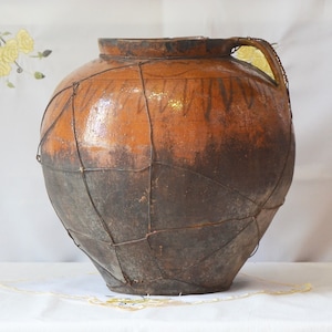 Large Black Brown primitive clay vessel. Wabi sabi pottery vase. Antique black ceramic pot.