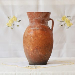 Rustic terracotta vase. Antique clay primitive vessel. Wabi sabi pottery indoor planter.